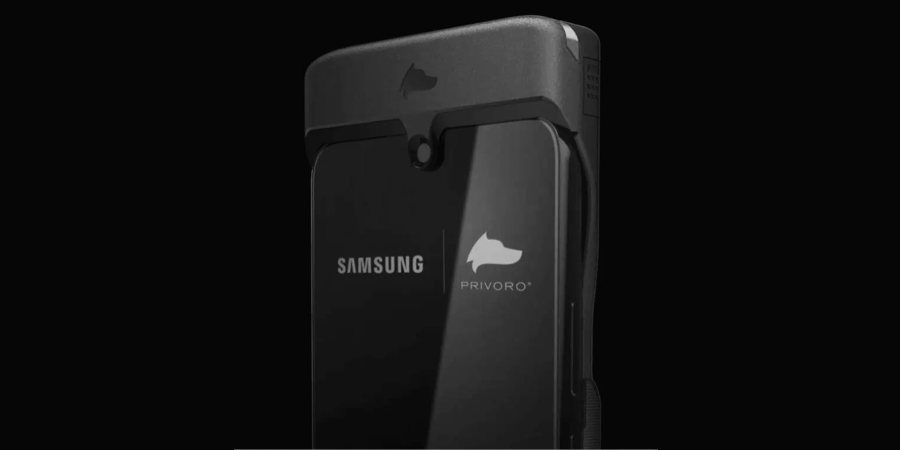 SafeCase and encased smartphone displaying Samsung and Privoro logos